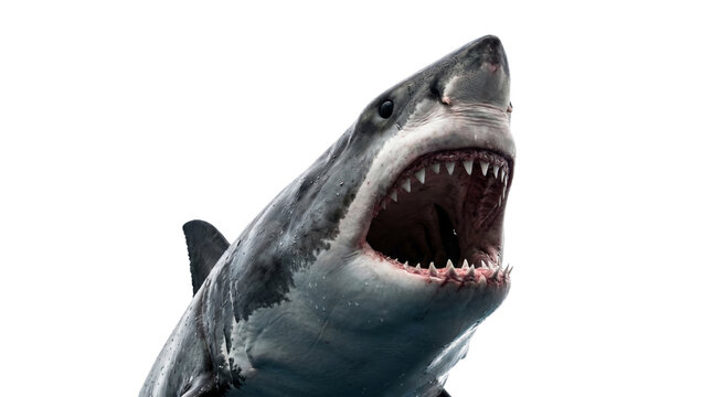 Ferocious great white shark open mouth isolated on transparent background png