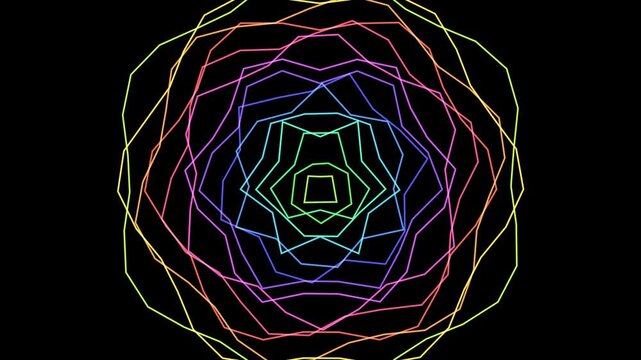 This abstract motion graphic features a colorful, geometric pattern of concentric polygons expanding and contracting against a black background.