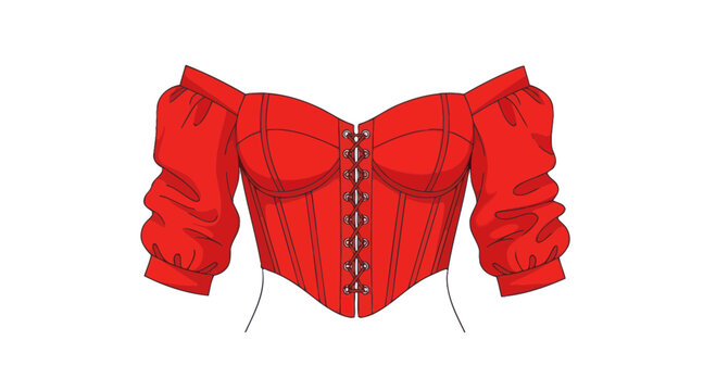 Red Corset Top with Puff Sleeves, Off-Shoulder Design, Fashion Illustration