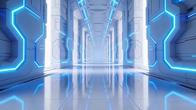 Futuristic white corridor with blue neon lines and reflections leading to infinite depth