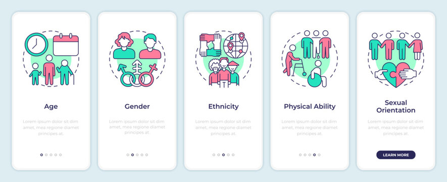 Main types of diversity characteristics onboarding mobile app screen. Walkthrough 5 steps editable graphic instructions with linear concepts. UI, UX, GUI. Montserrat SemiBold, Regular fonts used