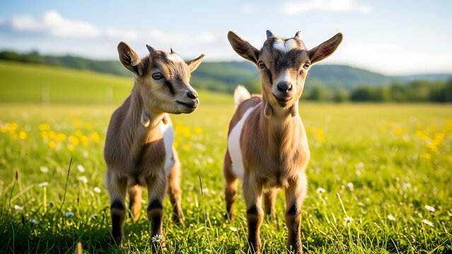 Two adorable baby pygmy goats stand together on a lush green meadow during a bright summer day, featuring soft fur and playful expressions while enjoying the warm sunlight in nature.