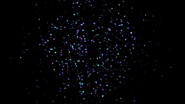 A dark background animates with floating, multicolored particles, creating a festive and celebratory motion graphic.