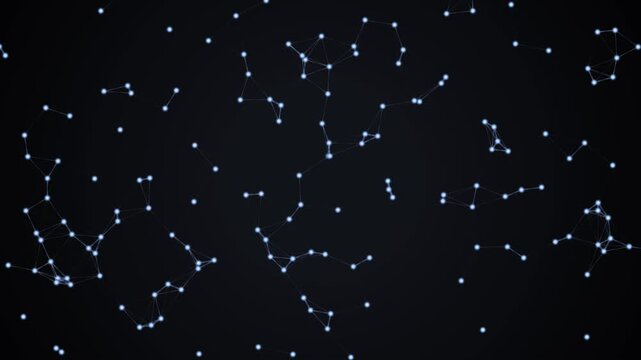Animated motion graphic featuring interconnected glowing nodes and lines, forming abstract constellations against a dark background. This digital abstract loop evokes connection and data.