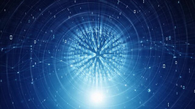 Digital binary numbers with sphere and futuristic spiral on shine blue technology background. Seamless looping animation.