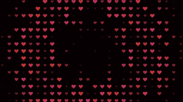 A dark background with a randomized grid of red and pink hearts animating in and out, creating a subtle pulsing effect.