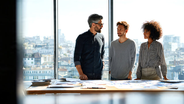 Marketing agency team collaborating in a modern office with panoramic city view through large windows, analyzing research results and reviewing printed sales statistics reports.