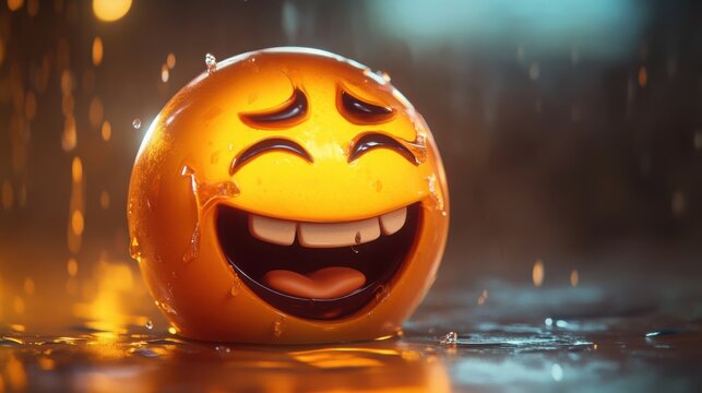 3d orange emoji laughing with tears in water under warm lighting