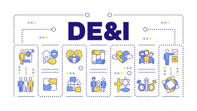DEI word concept isolated on white. Different genders and abilities. Community acceptance. Creative illustration banner surrounded by editable line colorful icons. Hubot Sans font used