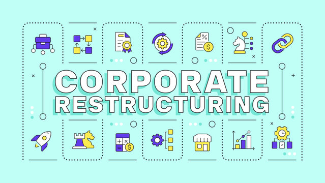 Corporate restructuring cyan word concept. Agile business infrastructure. Operational growth. Typography banner. Vector illustration with title text, editable icons color. Hubot Sans font used