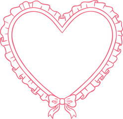 Fototapeta premium Pink doodle heart shape frame with bow and flounces vector line art, wavy ruffles ribbon coquette border girly love lace