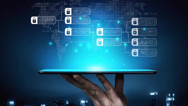 Blockchain structure showing distributed data blocks linked with encryption, representing secure transaction verification, decentralized control, and immutable record system Marrow