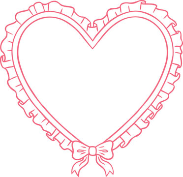 Pink doodle heart shape frame with bow and flounces vector line art, wavy ruffles ribbon coquette border girly love lace