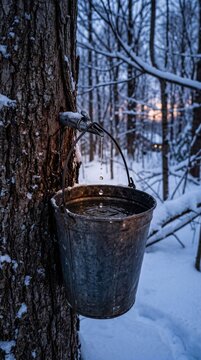 Maple sap dripping from metal spile into hanging bucket on snowy winter forest tree