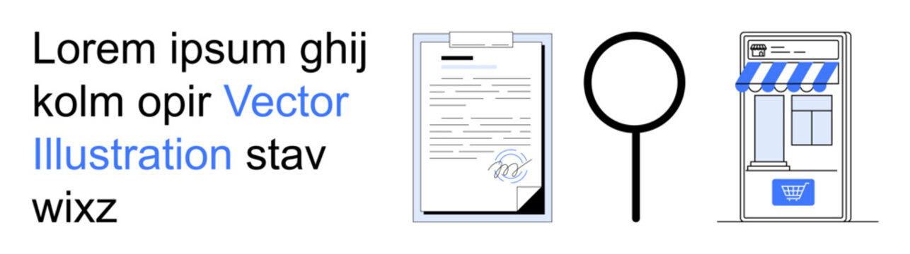 Business analysis, document inspection, small business concept, e-commerce, auditing services, retail solutions. A magnifying glass over a document and a small storefront icon. Business analysis