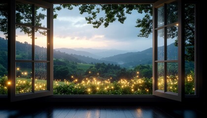 Fototapeta premium Scenic View of Mountain and River through Large Window