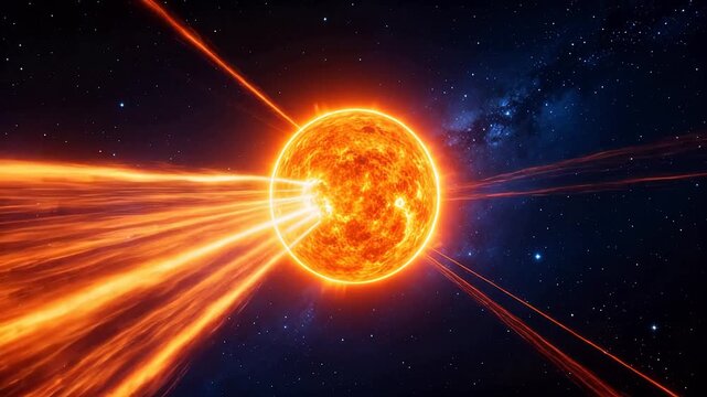 Hot glowing orange sun surface with solar flares and plasma beams in deep space