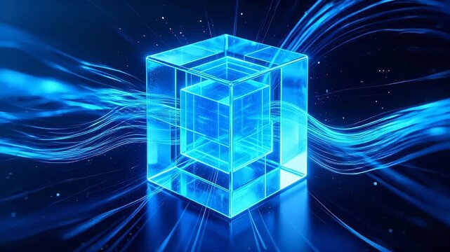 Transparent cube with blue and pink neon light and floating particles in dark space