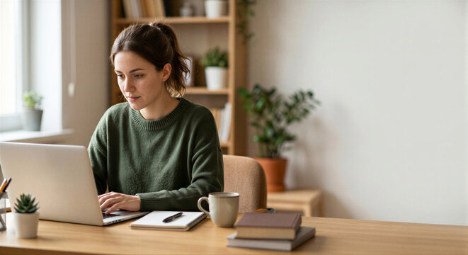 Young woman studying on laptop at home as online learning and education concept
