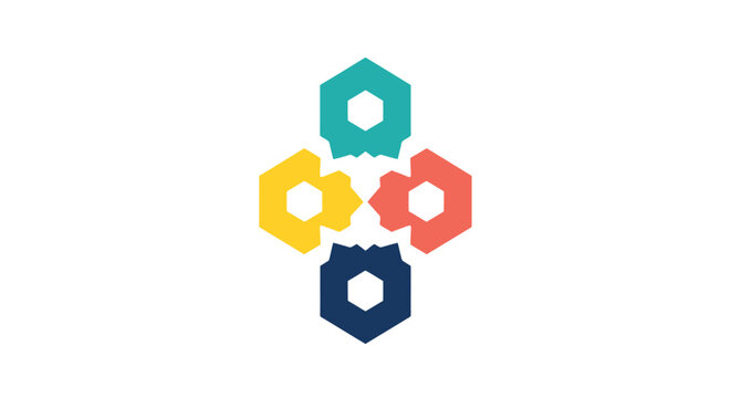 Abstract arrangement of geometric shapes symbolizing unity and partnership with interlocking parts in vibrant colors forming a cohesive emblem for branding and digital presentation conveying a