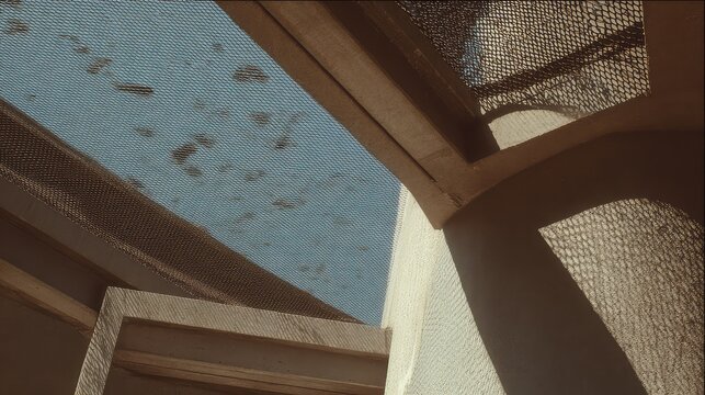 Building exterior with mesh screen and sunlight creating shadows