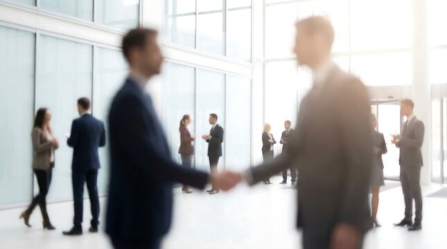 Business partners shaking hands in bright corporate office corridor with motion blur effect representing fast paced professional networking and successful business deal making process