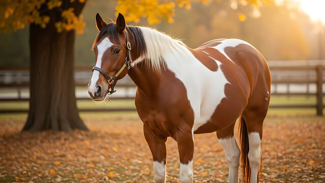 Magnificent senior chestnut and white pinto gelding horse standing gracefully on a bed of crisp fallen autumn leaves under soft warm glowing natural outdoor light during fall season.