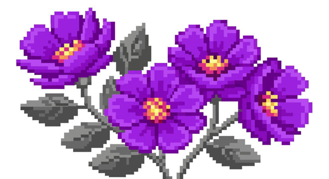 Purple Flowers, Pixel Art Florals, Digital Blooms, Violet Petals