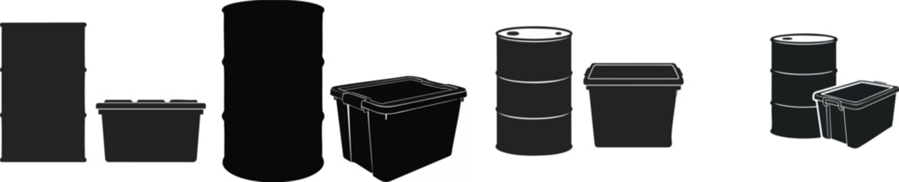 Black barrel and plastic storage bin silhouette on white background, vector set isolated on white