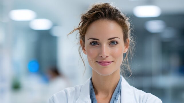 Confident Physician Portrait: A competent female physician with kind eyes and her hair tied up, wearing a white lab coat, stands confidently in a brightly lit medical hallway.
