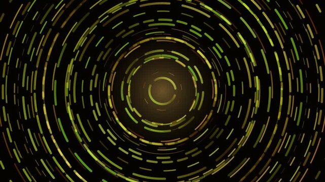 Abstract circular motion graphic animation with colorful dashed lines radiating from a central glow.