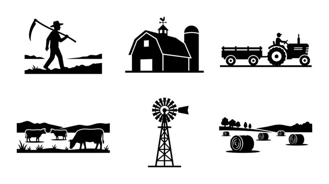 Farm icon set silhouette, farmer, barn, tractor, cows, windmill, hay bales, white background, vector Illustration