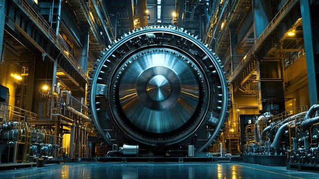 Industrial power generator turbine with heavy machinery inside factory