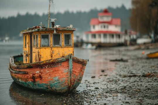 A weathered, rustic wooden cabin sits on the wet shore with a red house in the misty, tranquil background.