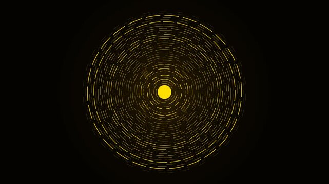 A yellow sun-like circle emanates concentric rings of golden dashes in this abstract, looping motion graphics background animation.
