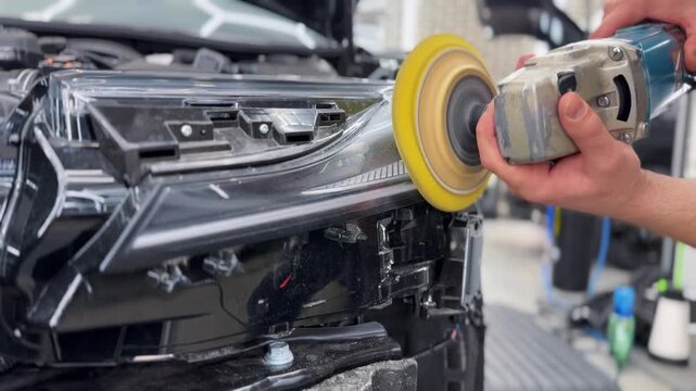 A car service worker polishes the car body with a polishing machine. Detailing and polishing of the car. Car detailing - hands with an orbital polishing machine in an auto repair shop.Selective focus.