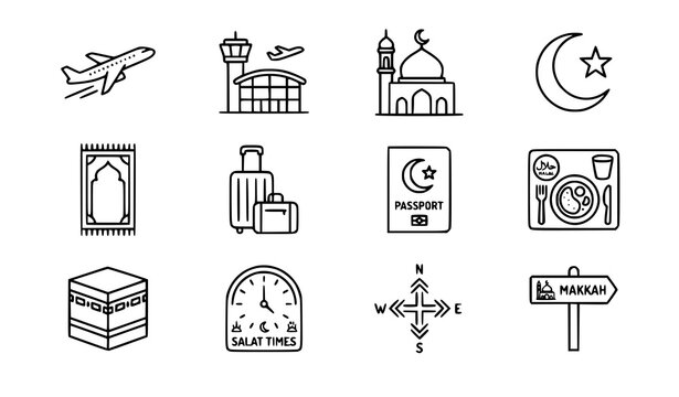 Islamic Tourism Airport Icon Set with Mosque Travel Halal and Flight Symbols Thin Line Vector Collection