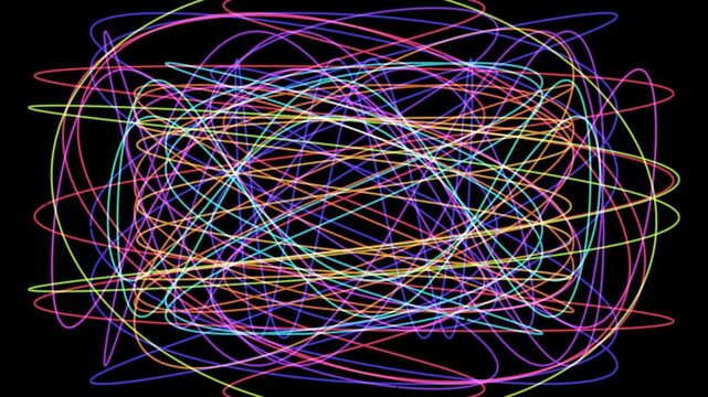 Abstract motion background featuring colorful, intertwined, looping elliptical lines against a black backdrop. Dynamic, animated, and vibrant visual effect.
