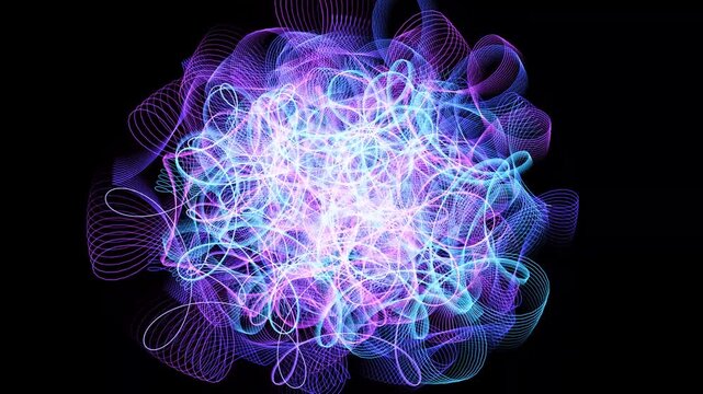 This abstract motion background features a swirling, energetic cloud of luminous, glowing lines in vibrant purple and cyan hues against a black backdrop, creating a sense of cosmic energy.