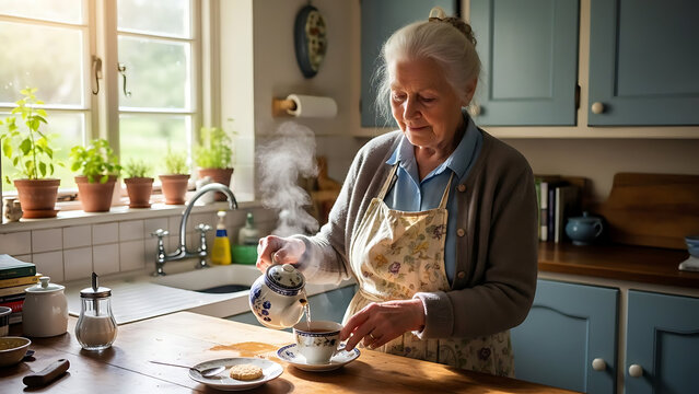 Senior female brewing herbal infusion in a cozy home kitchen, showcasing active aging, morning ritual, domestic comfort, and self-sufficient lifestyle of a grandmother indoors.