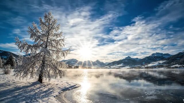 Aerial drone approach over frozen lake to solitary frost covered tree, cracked ice patterns on snowy shore, calm reflective blue water and dramatic winter sky

