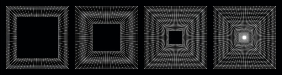 Square tunnel wireframe grids forming geometric frames shrinking toward center creating deep perspective illusion on black background abstract digital corridor concept strong symmetry and depth focus © SpainArts