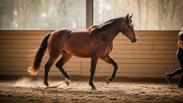 Athletic dark chestnut stallion performing a rhythmic trot during an equestrian groundwork session in a circular corral, exhibiting fluid forward motion and professional equine training.