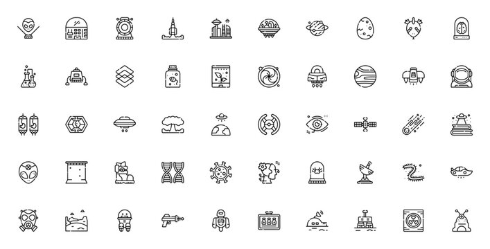 Science fiction icon set. Minimal vector technology pack. Includes hologram, rocket, robot, alien, UFO, spaceship, black hole, satellite, astronaut, DNA, lab, time machine, smart city, and more.
