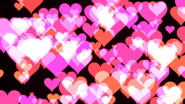 Animated hearts in shades of pink and red gently float and pulse against a black background, creating a romantic motion graphic loop.