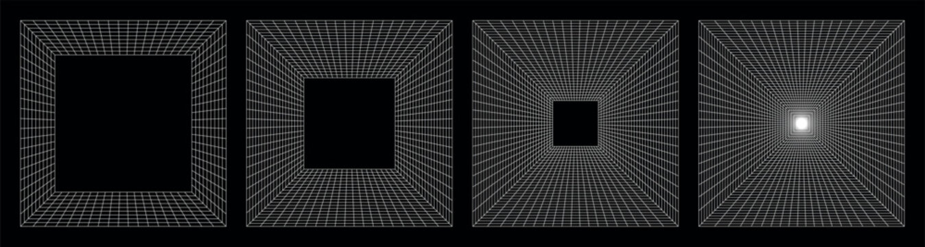 Square tunnel wireframe grids forming geometric frames shrinking toward center creating deep perspective illusion on black background abstract digital corridor concept strong symmetry and depth focus