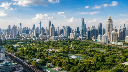 Obraz premium A cityscape featuring parks and skyscrapers in the heart of a major city; a panoramic view of green spaces and the central business district.