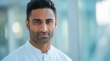 Fototapeta premium Confident Professional's Gaze: A close-up shot of a charismatic man, confidently facing the camera with a subtle smile, exuding professionalism and approachability. 