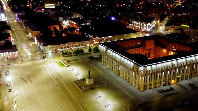 Tula, Russia. Drone footage of the city at night. Regional Duma and Lenin Square. Drone footage