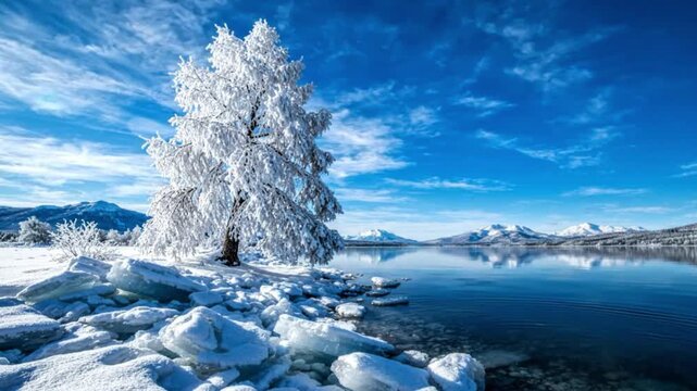 Majestic frost covered tree by frozen lake, jagged ice shoreline, calm blue water reflection, snowy winter landscape, clear mountain sky, background

